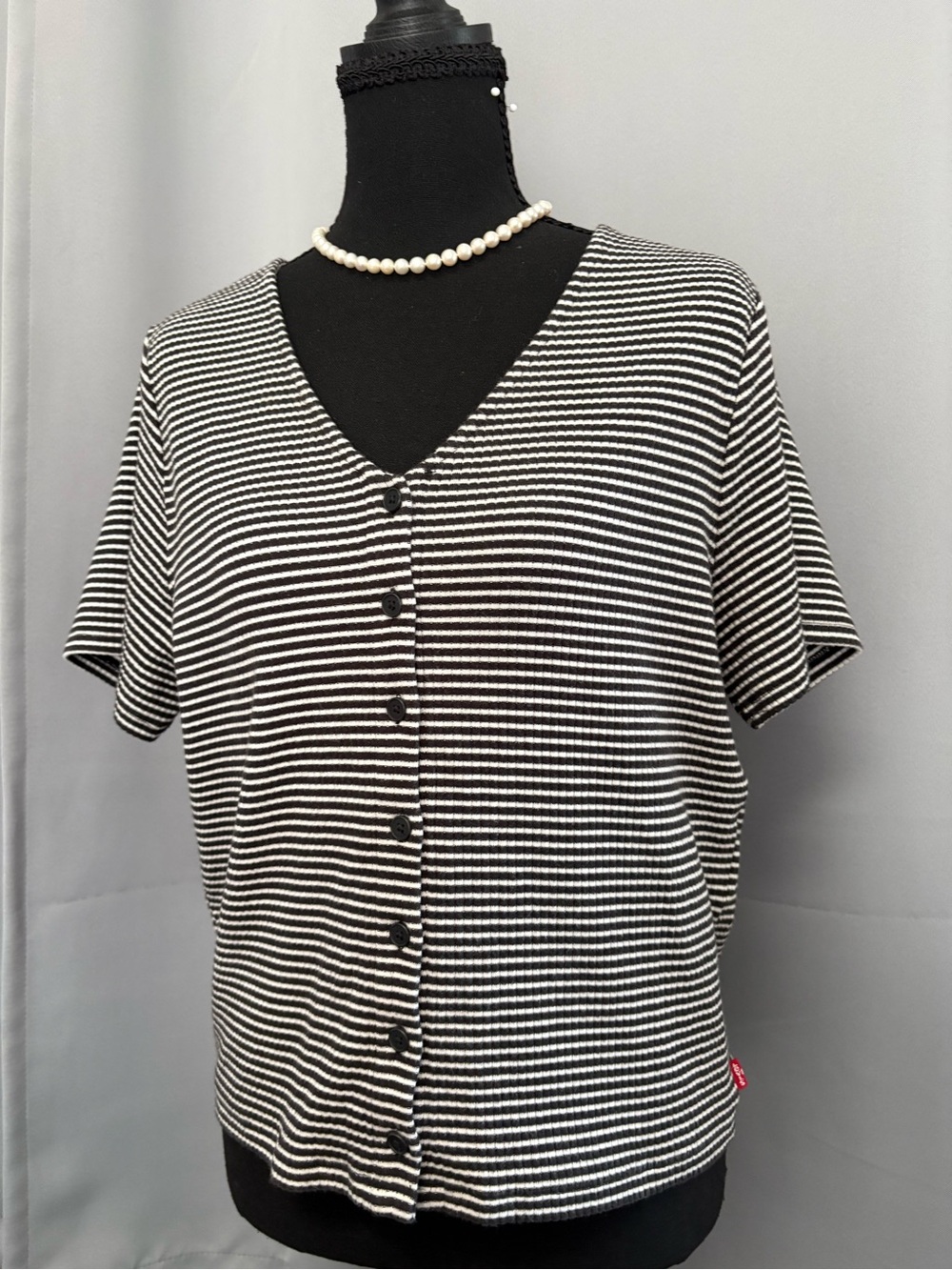 Levi's Black and White Striped Button-Down V-Neck Top